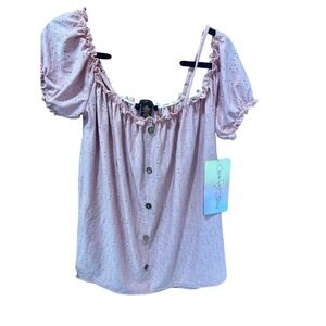 Coco and Shay Pink Eyelet Off Shoulder Puff Sleeve Button Front Top 3XL NWT